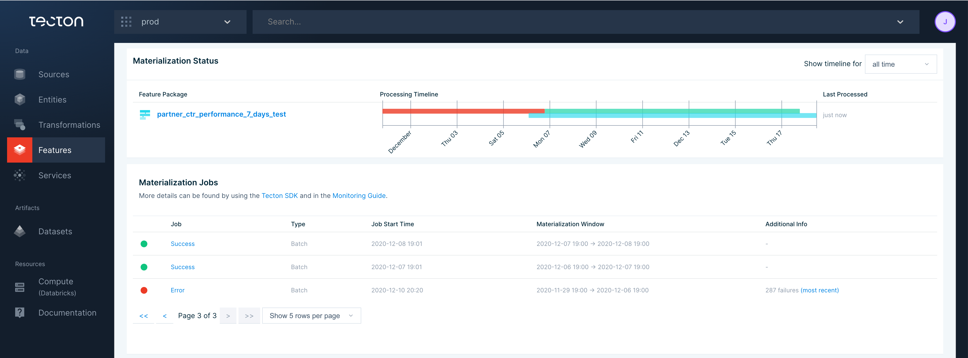 Materialization Status &amp; Jobs Screenshot